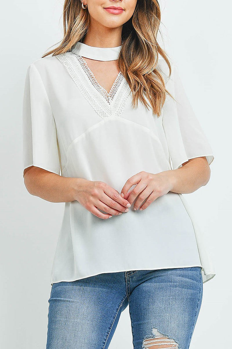 Lace trim choker neck loose fit top (ED9612)