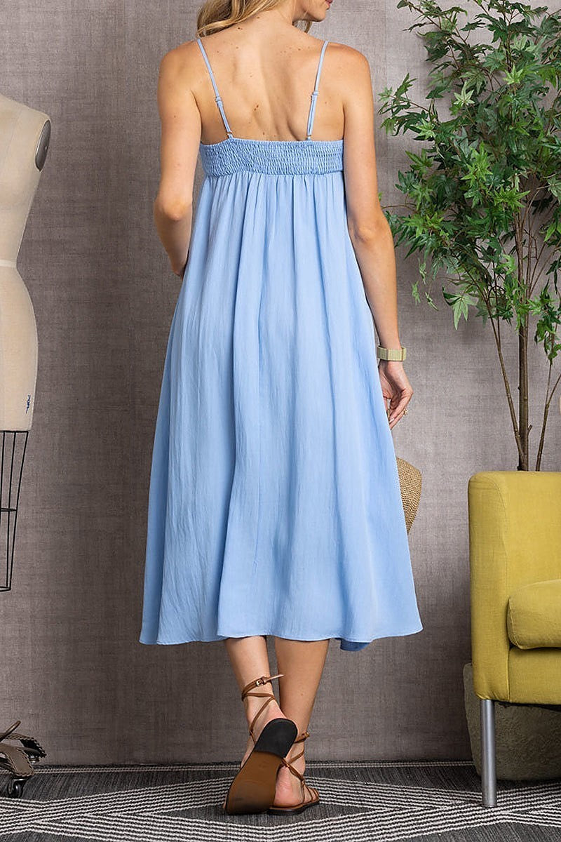 Spaghetti strap bodice linen maxi dress (EDSW3296)