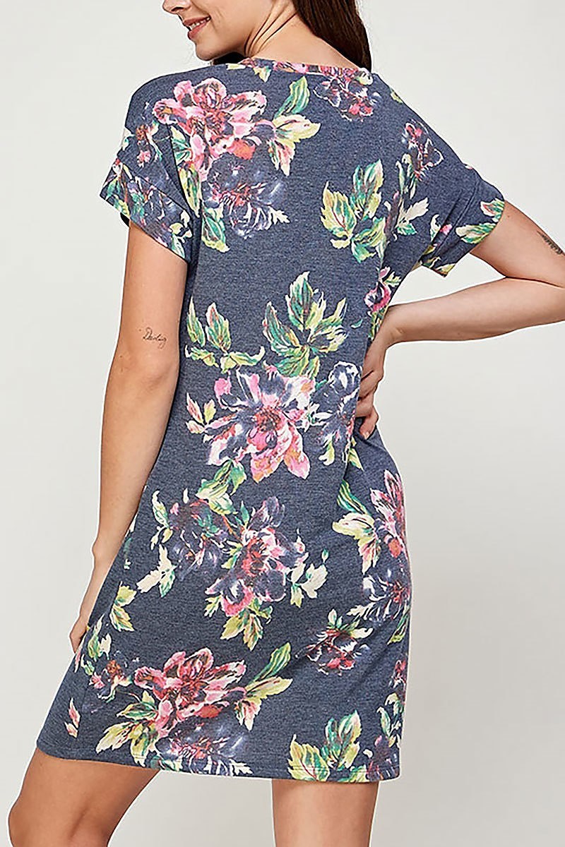 Round neck floral print pocket dress (DED6405)