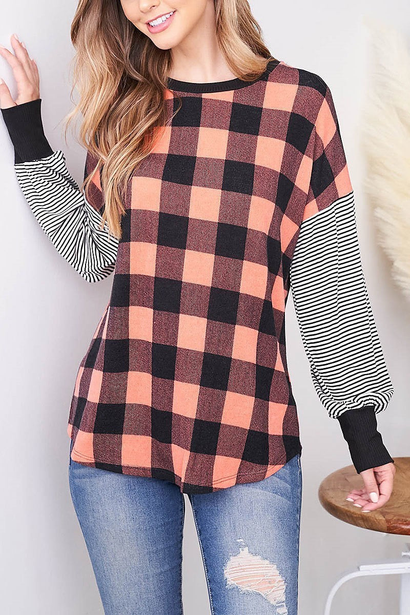 Stripe sleeve checker body color block top (EF2515)