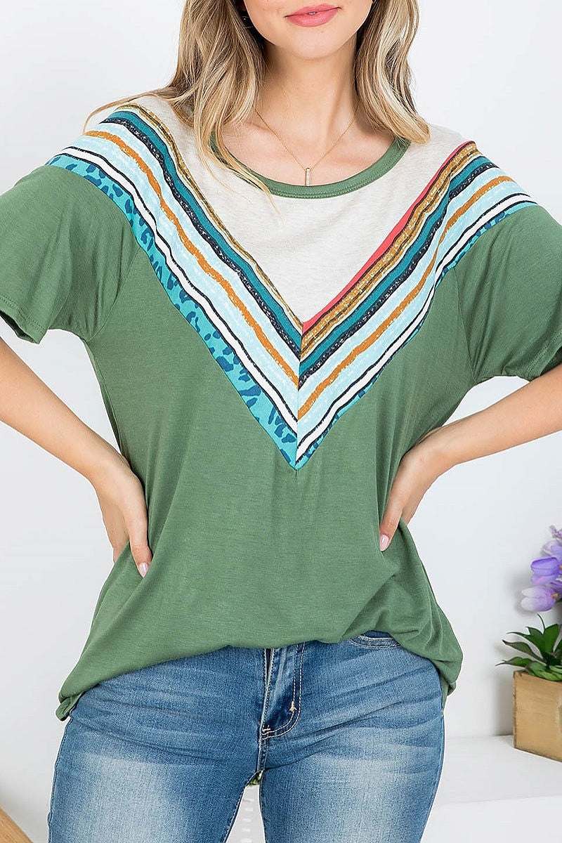 Multi chevron print scooped neckline blouse top (EF4103)