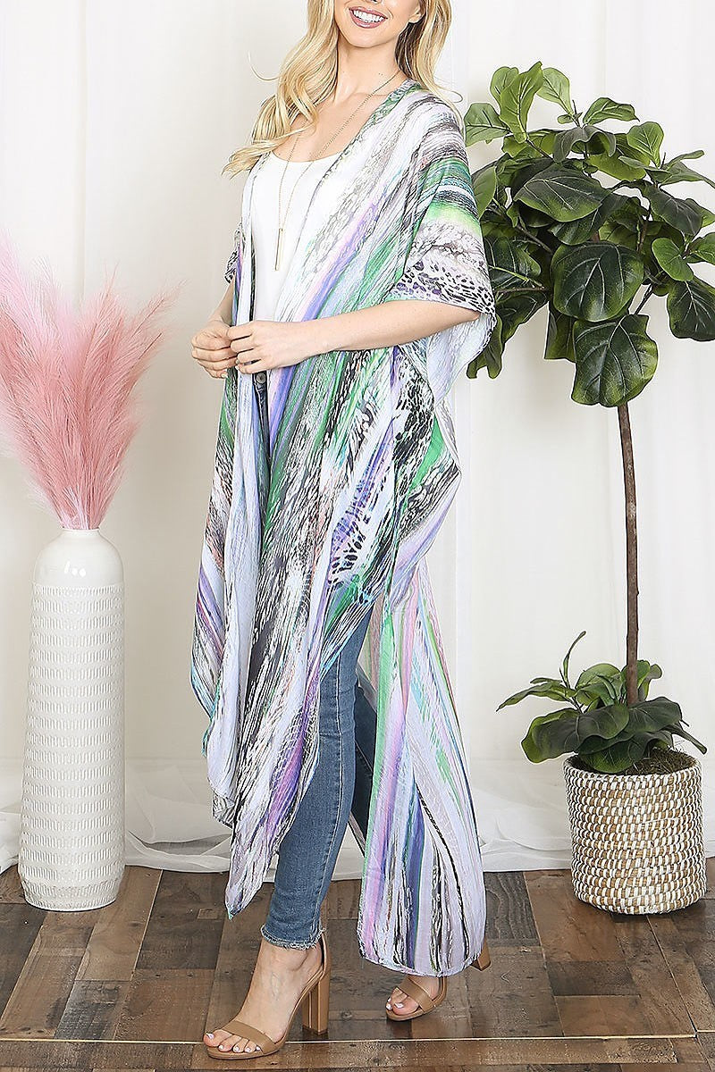 Grain line multicolor print open front long kimono (EF5606)