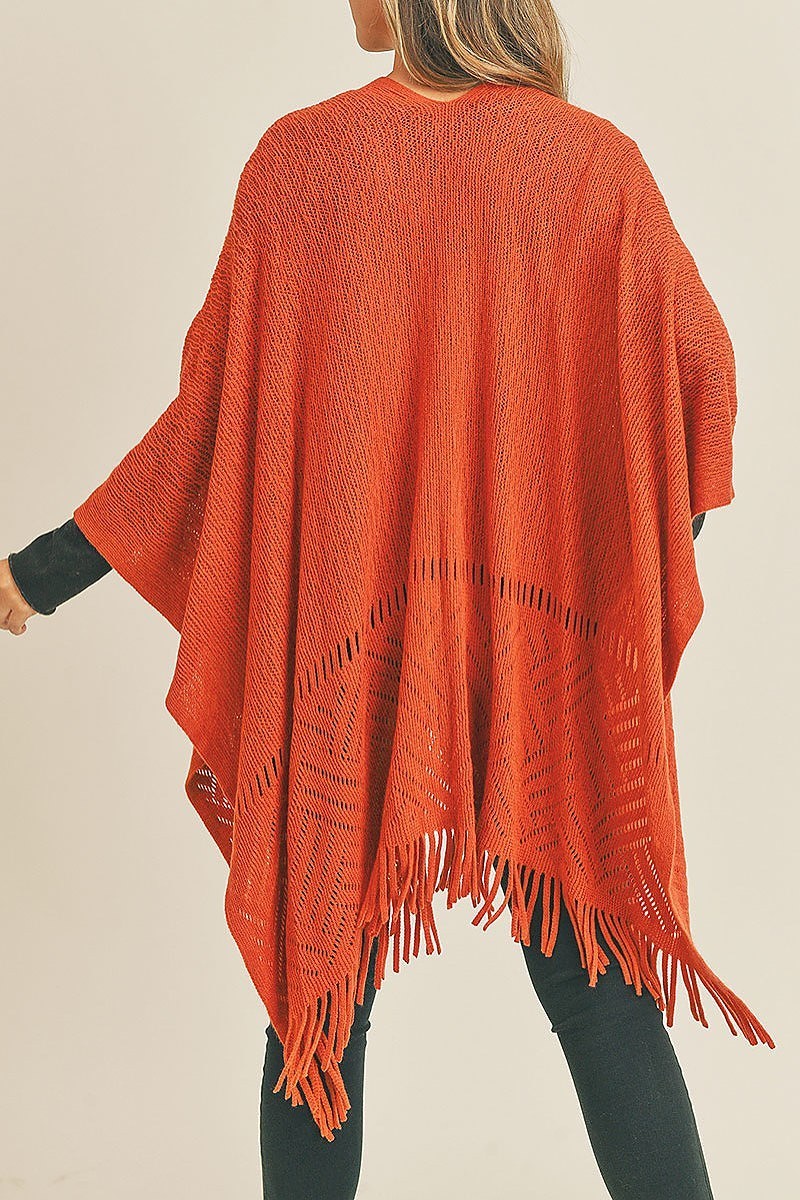 Herringbone knit fringe ruana kimono fringe (DGS5738)