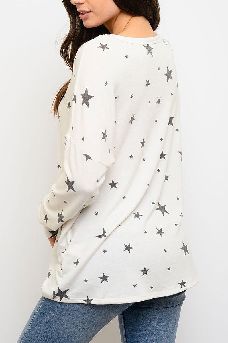 V neck long sleeve stars print top (EDWT3324)