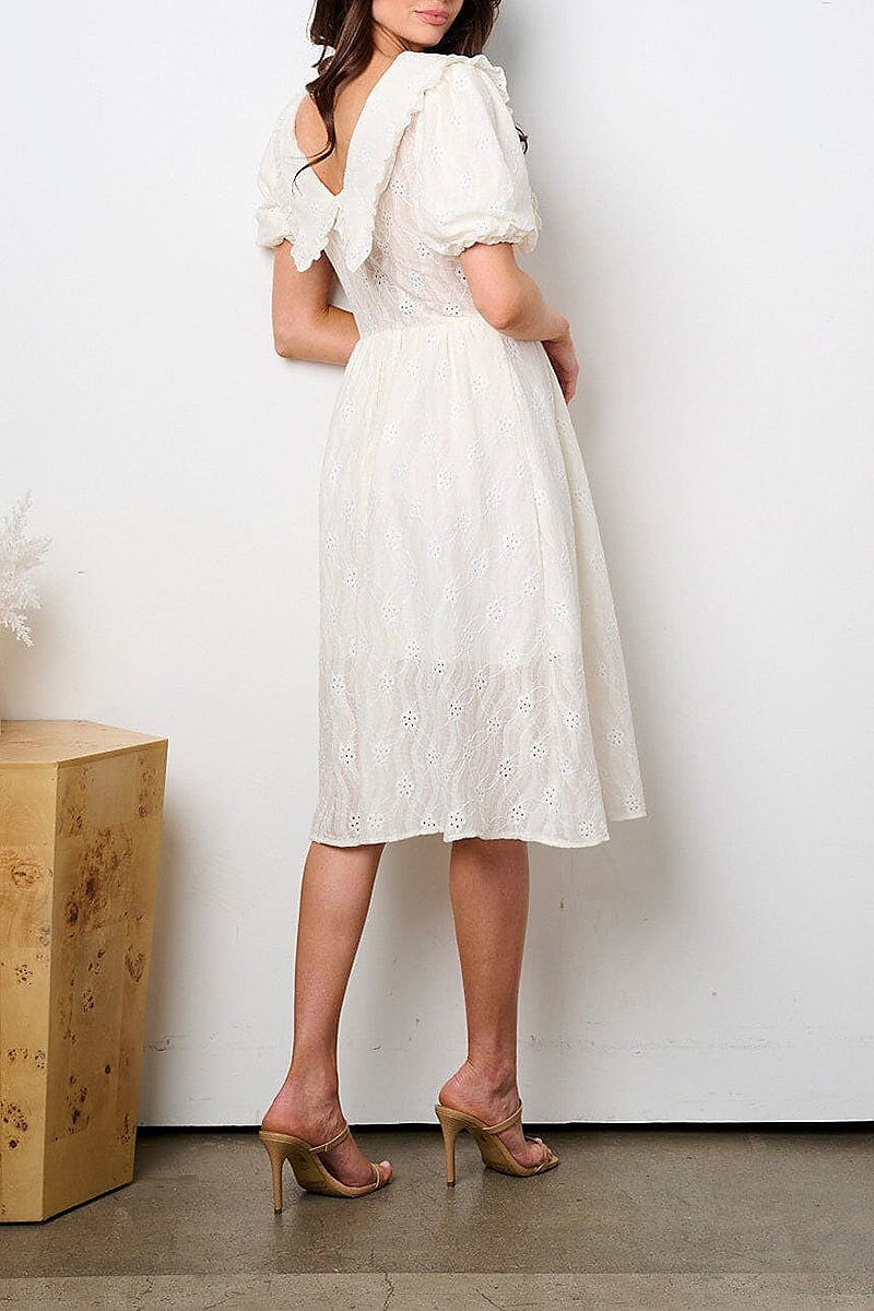 Short puff sleeve v-neck eyelet midi dress (EFWT9122)