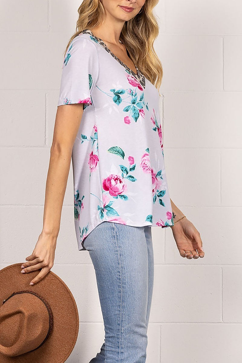 Floral and animal print short sleeves knit top (EDSW4228)