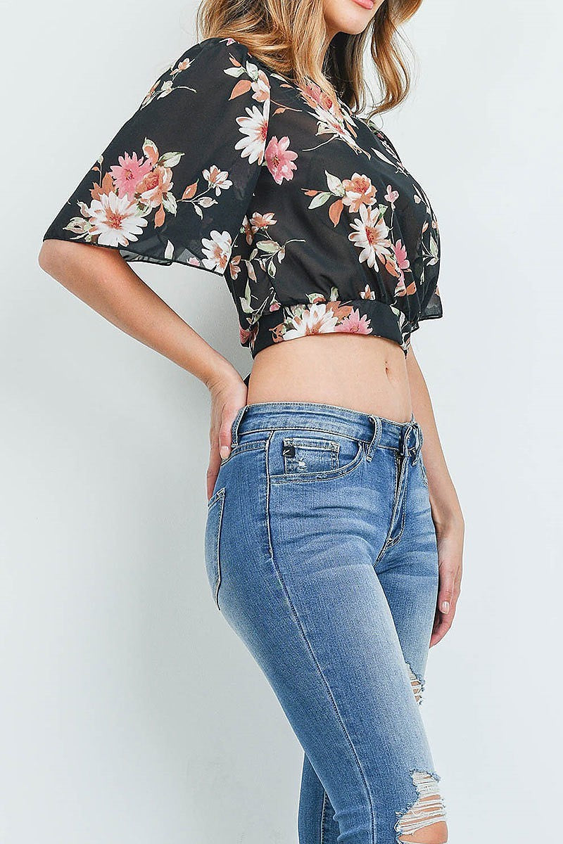 Floral print crop top with chiffon detail (ED8898-2)