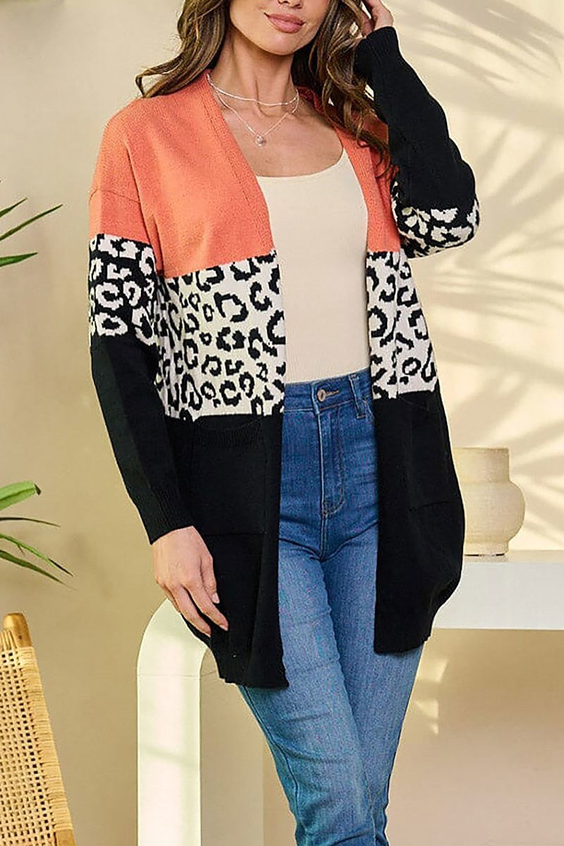 Long sleeve open front colorblock cardigan (EFWT6384)