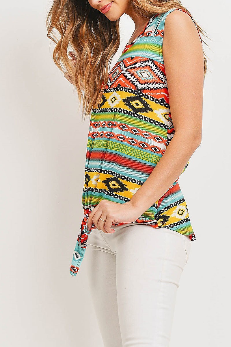 Tribal print waist tie round neck top (ED8932-LAST)