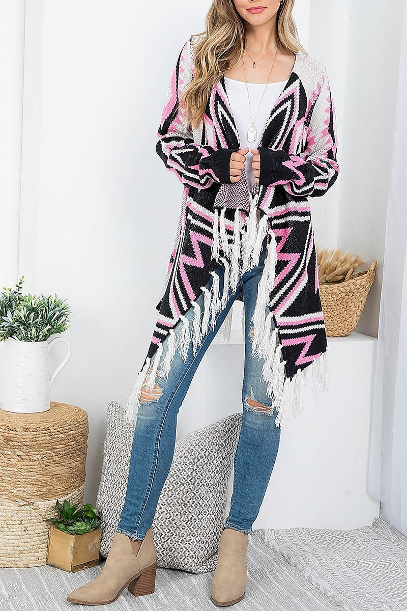 Tribal print open front with fringe cardigan (DGS5711)