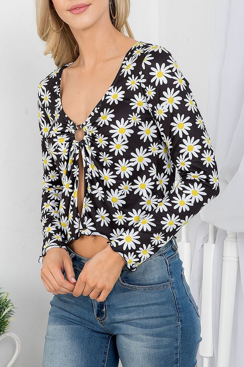 Floral print front tie long sleeve top (EF3427)