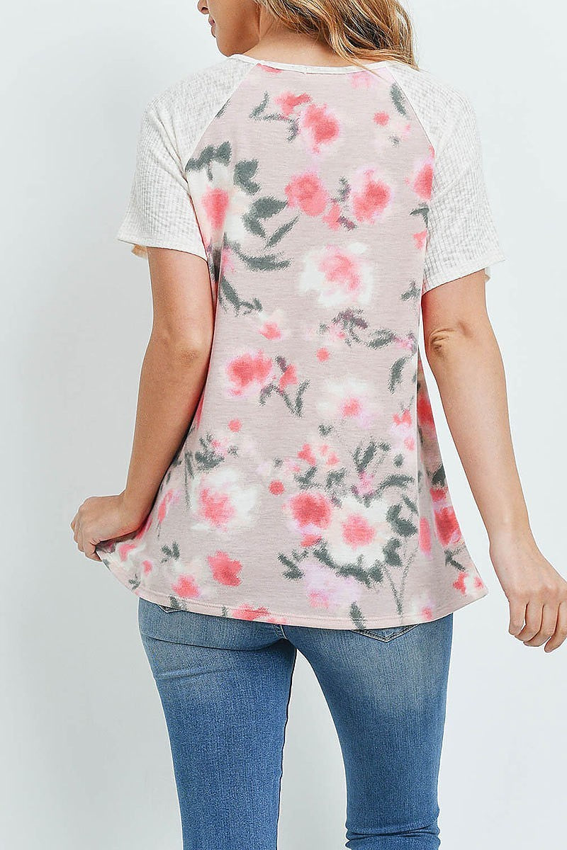 Waffle raglan floral pocket top (ED9153)