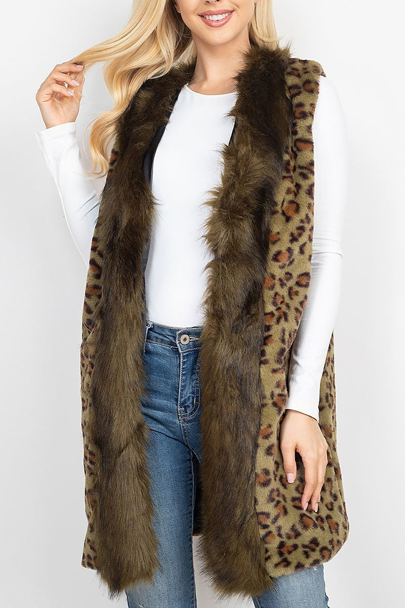 Leopard faux fur trim vest lined (DGS5306)