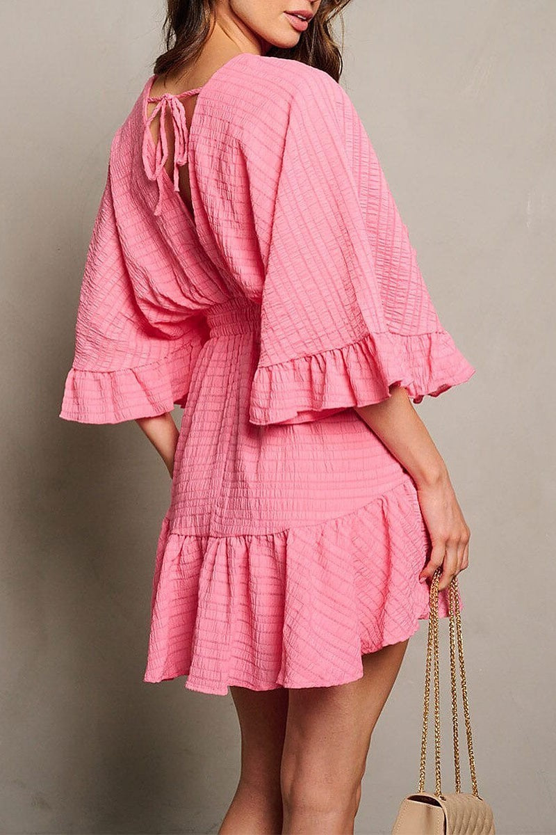 3/4 sleeve surplice smock waist ruffle mini dress (EGWT1711)