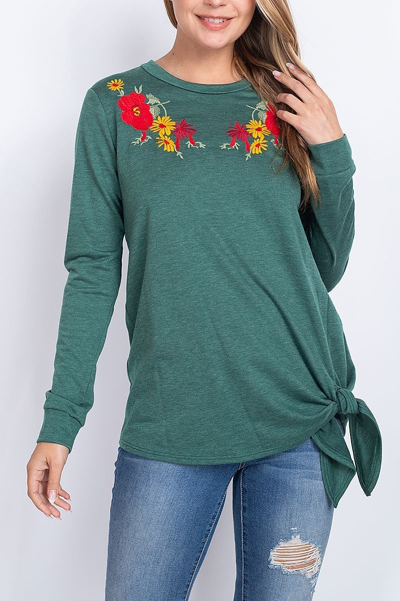 Round neck floral embroidered waist tie top (EF1894)