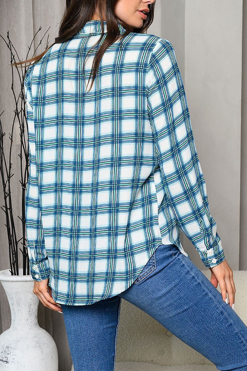 Long sleeve plaid button up collar blouse top (EDWT7269)