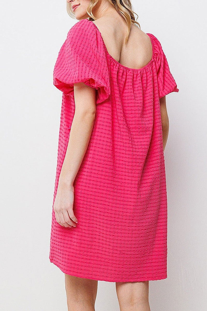 Short puff sleeves detailed pockets tunic dress (EGWT1414)