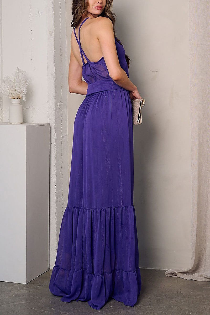 V-neck open back tiered maxi dress (EFWT2774)