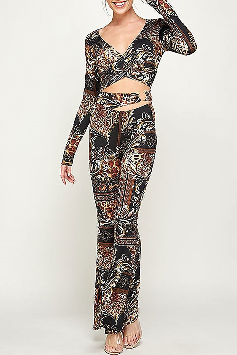 Paisley print wrap crop top and pants set (EF2900)