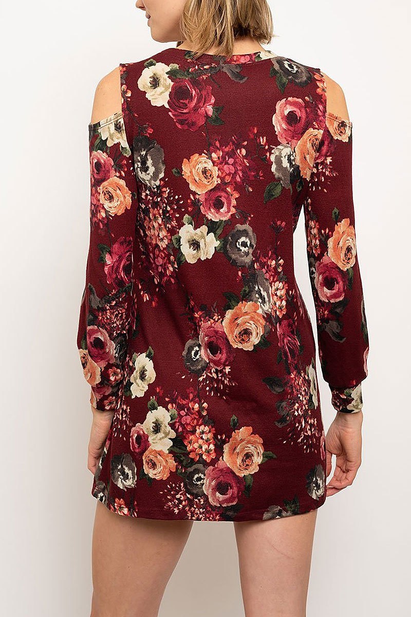 Cold shoulder floral print dress (EDWT2316)