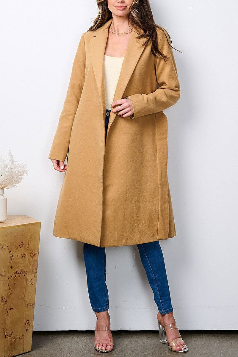 Long sleeve open front self tie coat (EFWT7227)