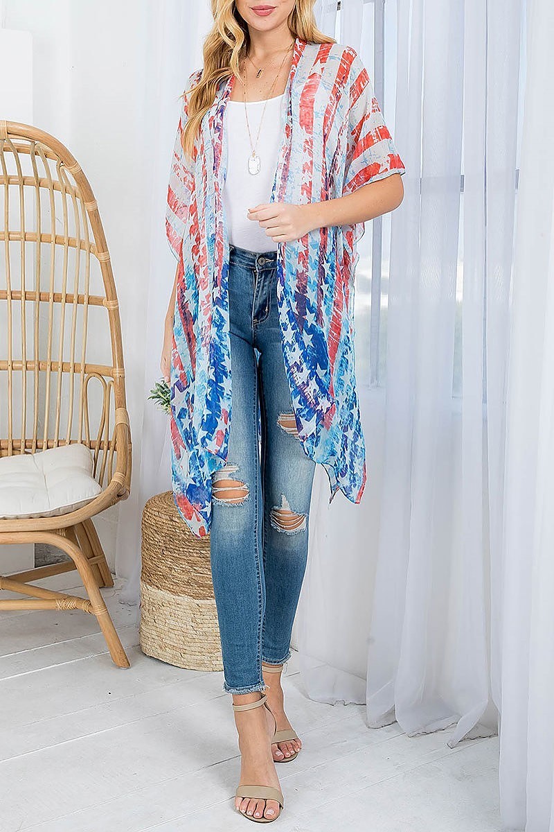 American flag open front knee length kimono (EF4363)