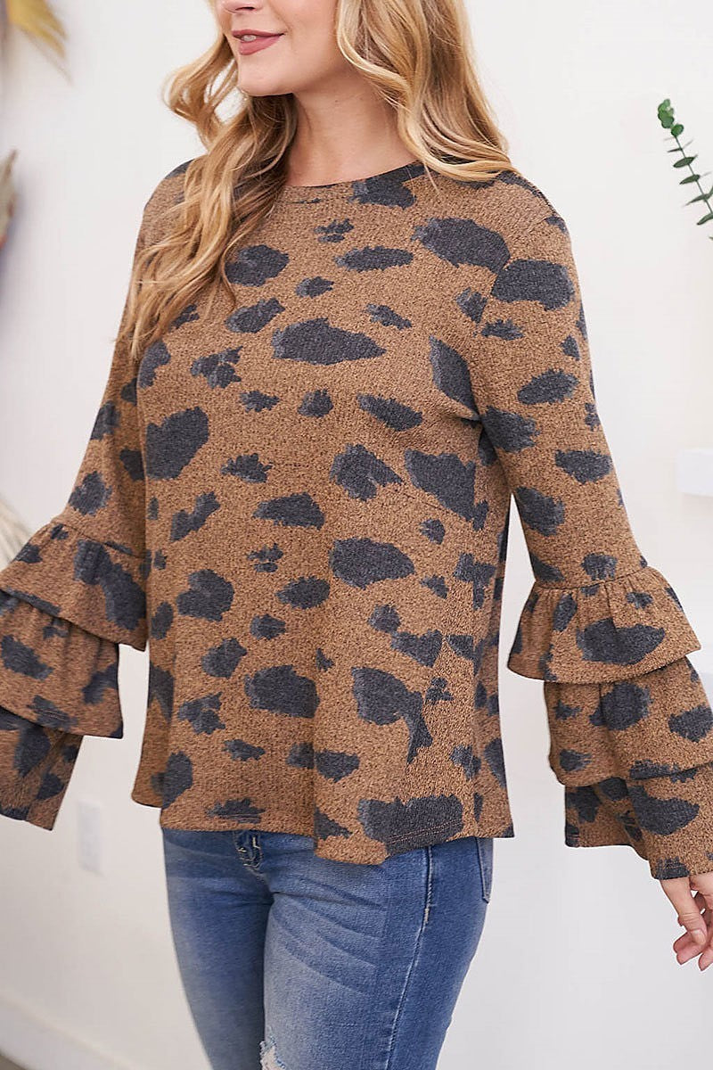 Layered ruffle long sleeve leopard top (EF2400)