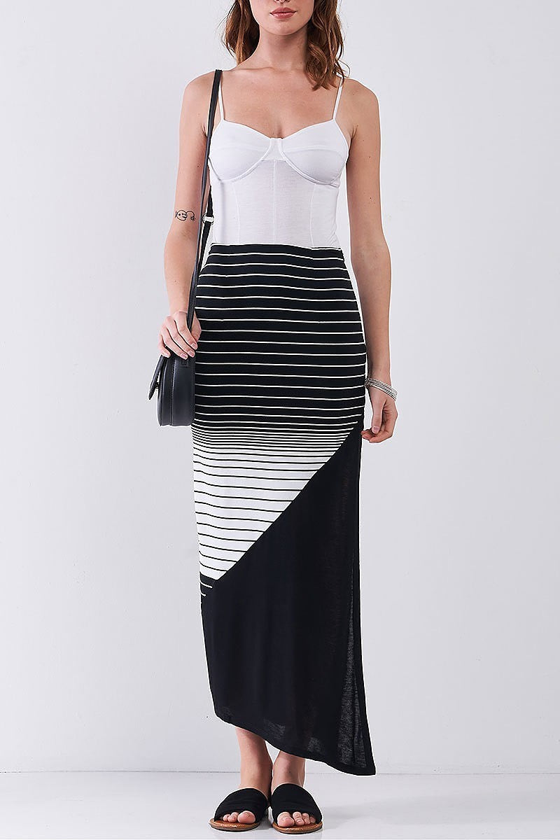 Gradient multi stripe high waist side slit maxi skirt (TDG8289)