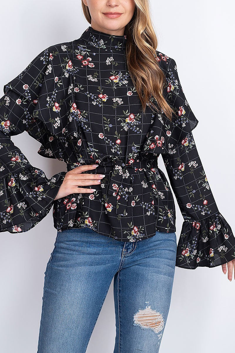 Floral plaid ruffle detail bell sleeve top (EF1916)