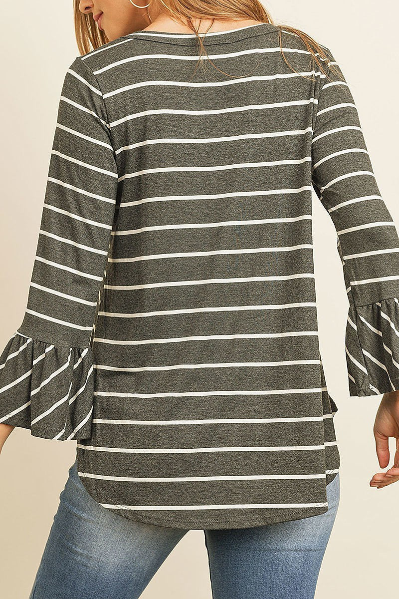 Key hole neck bell sleeve stripe top (ED7841)