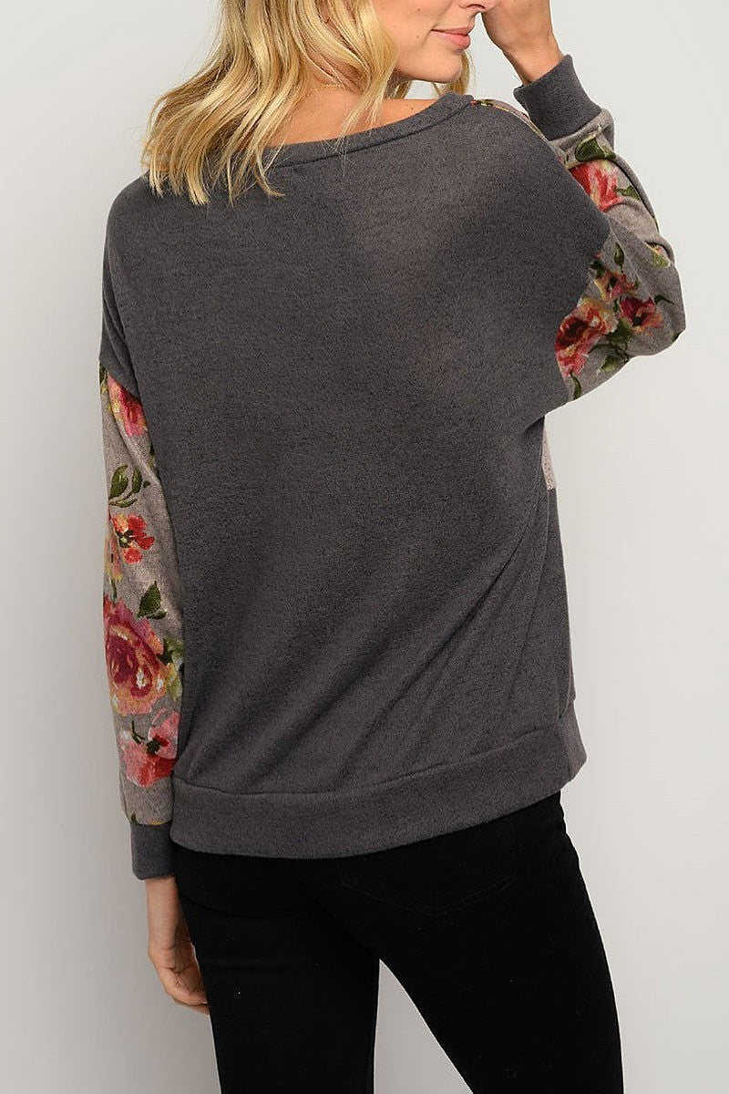 Long sleeve floral color block top (EDWT3260)