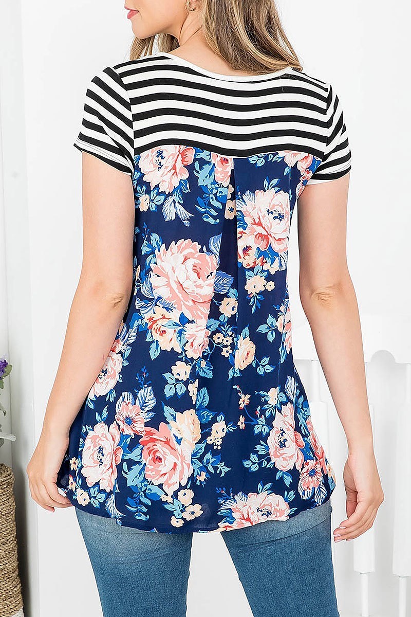 Floral scooped neck short sleeve top (EF3884)