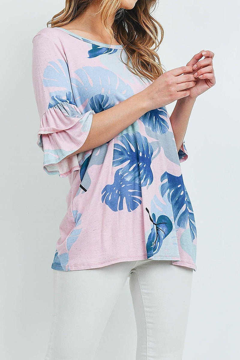 Bell sleeve leaves print tunic blouse top (ED8880-2)