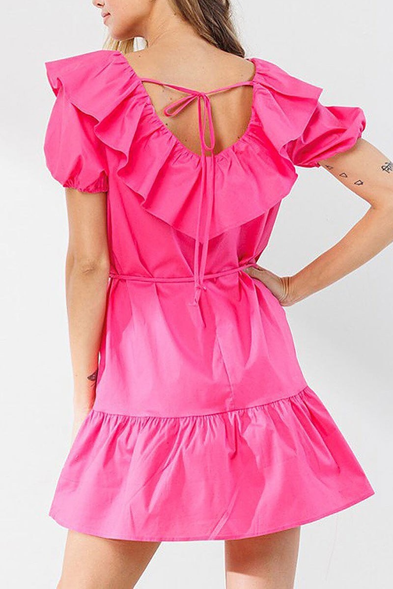 Short puff sleeve ruffle tiered mini dress (EDWT8712)