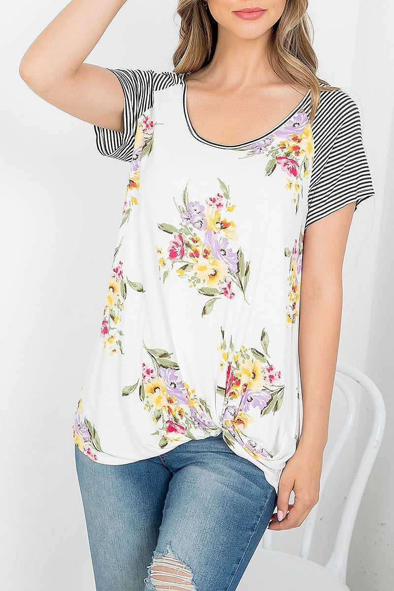 Floral print front twist stripes sleeve top (EF3700-RN1)