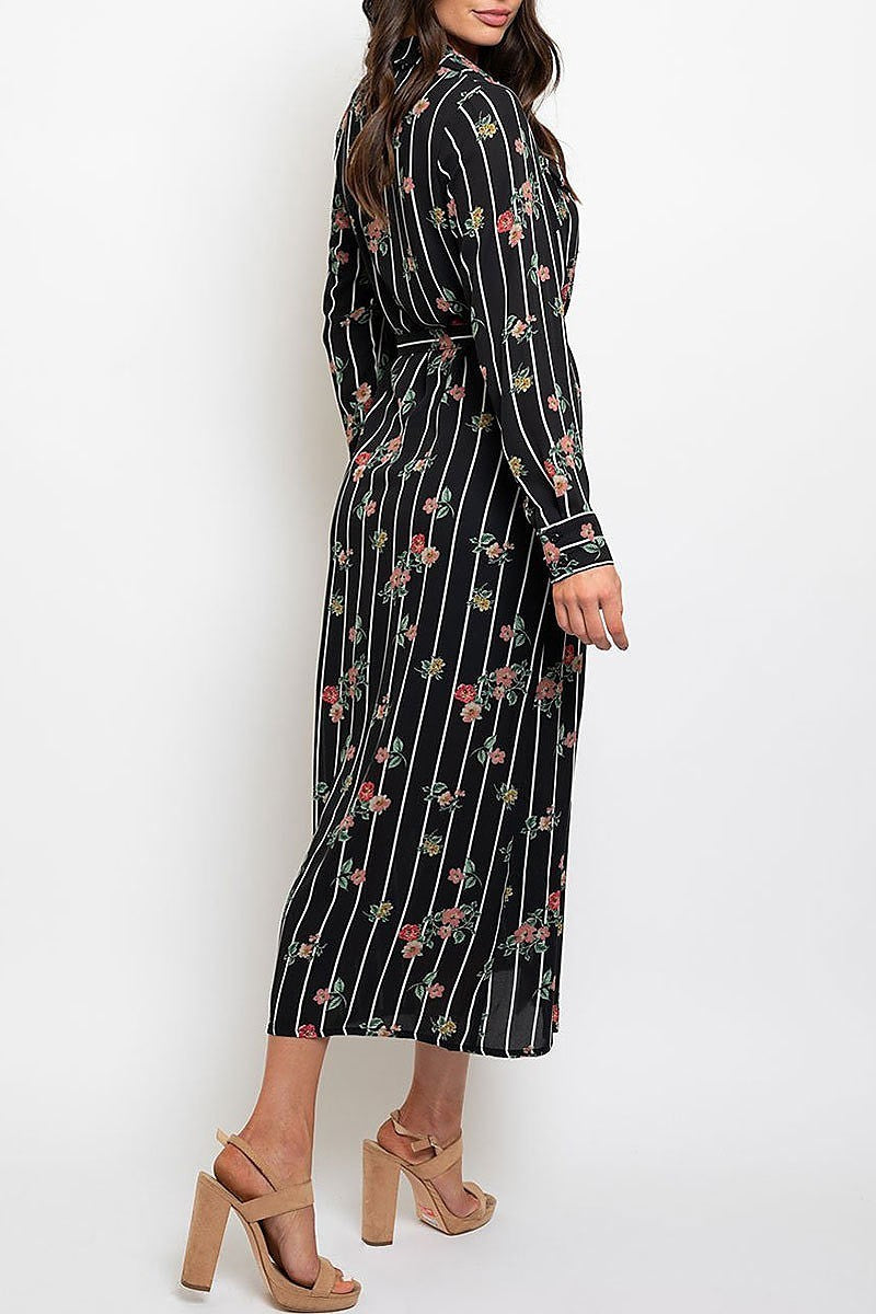 Floral stripe button front waist tie maxi dress (EDWT2246)