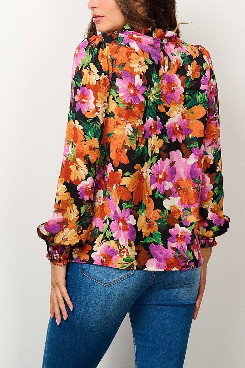 Long sleeve mock neck floral blouse top (EFWT6667)