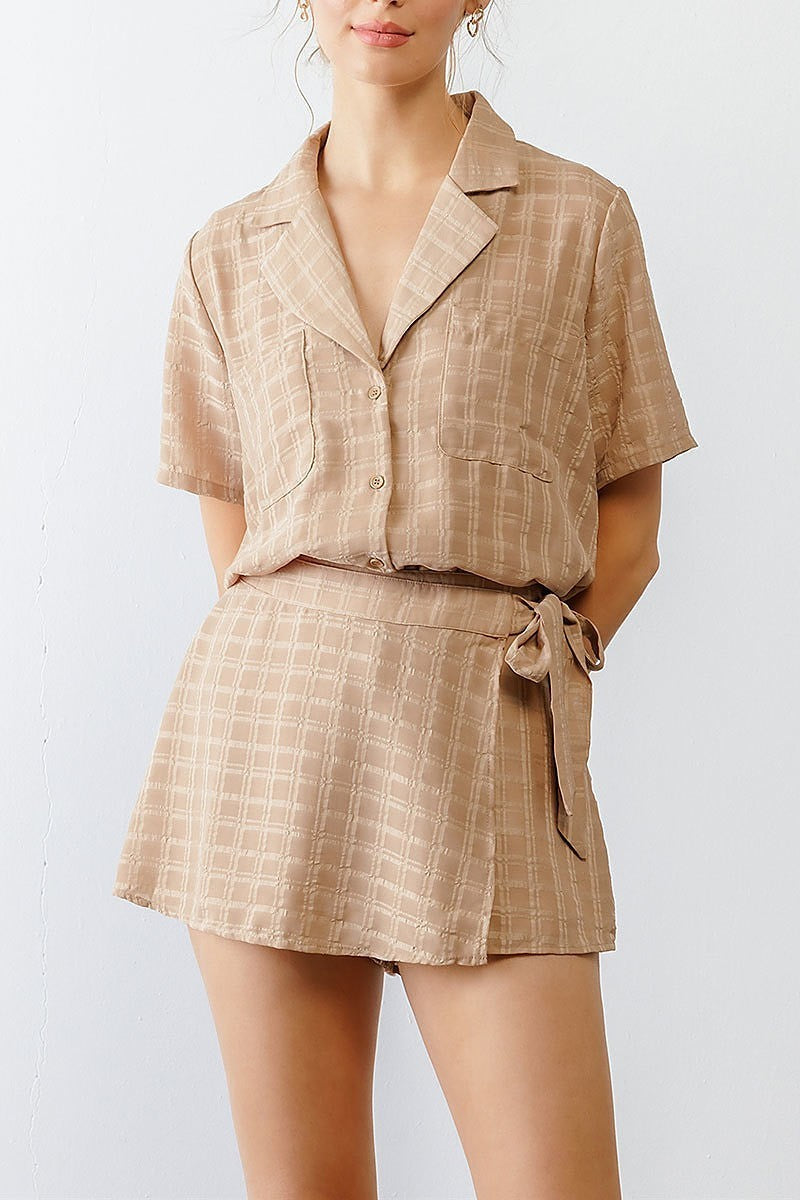 Button up pocket detail plaid top and skort set (TED1765)