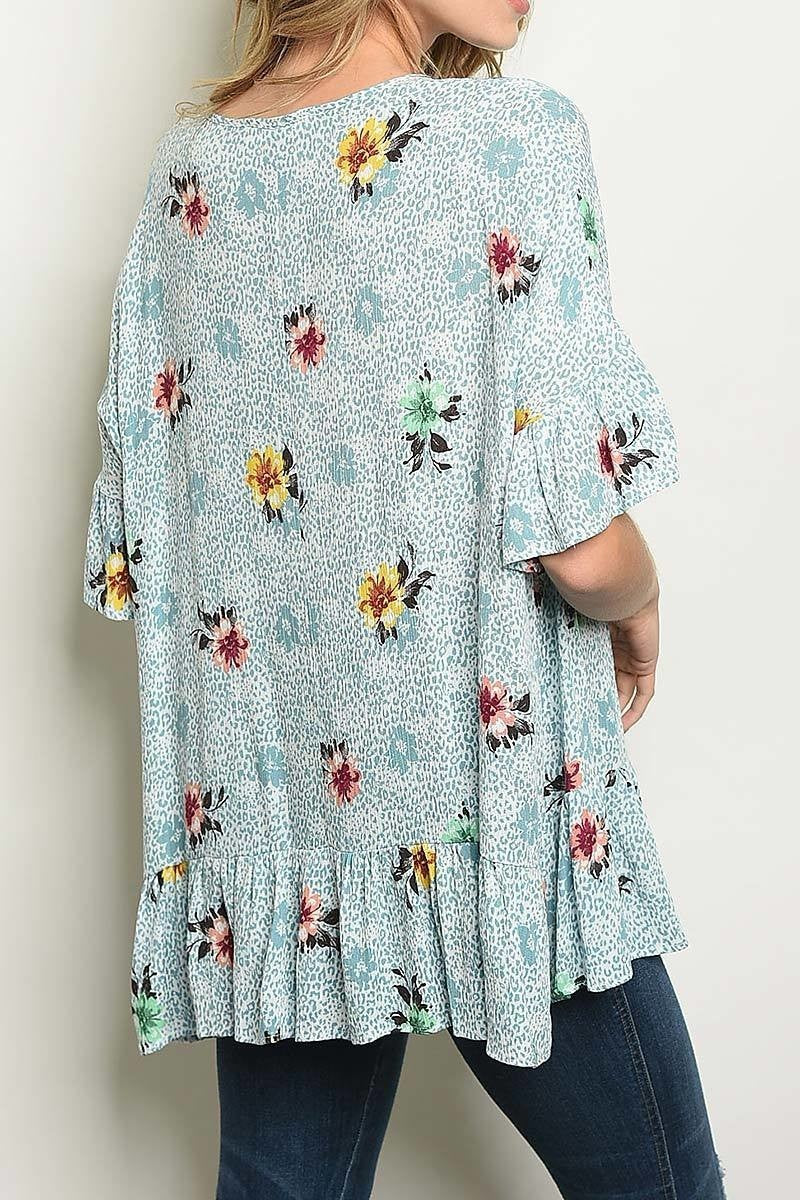 Boat neck floral print ruffle detail loose fit top (ED5239-LAST)