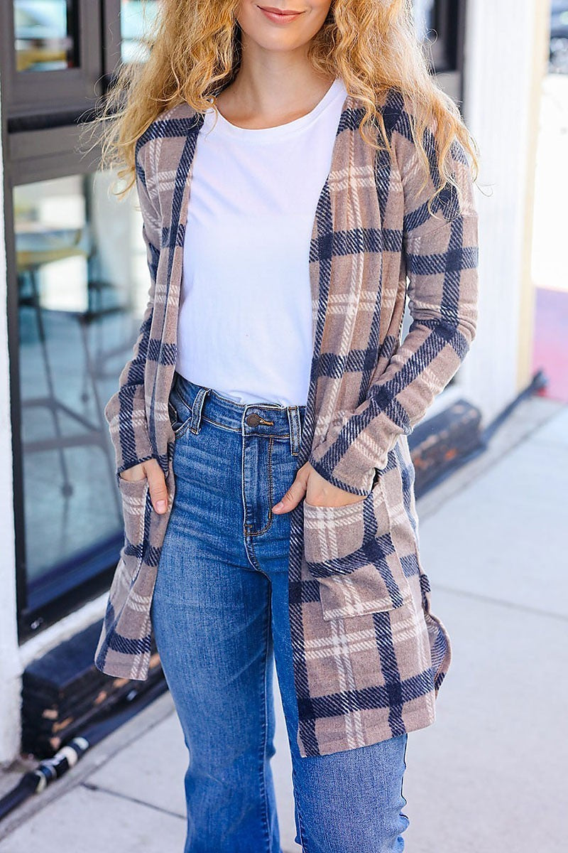 Plaid pocketed cardigan (ETBM6159)