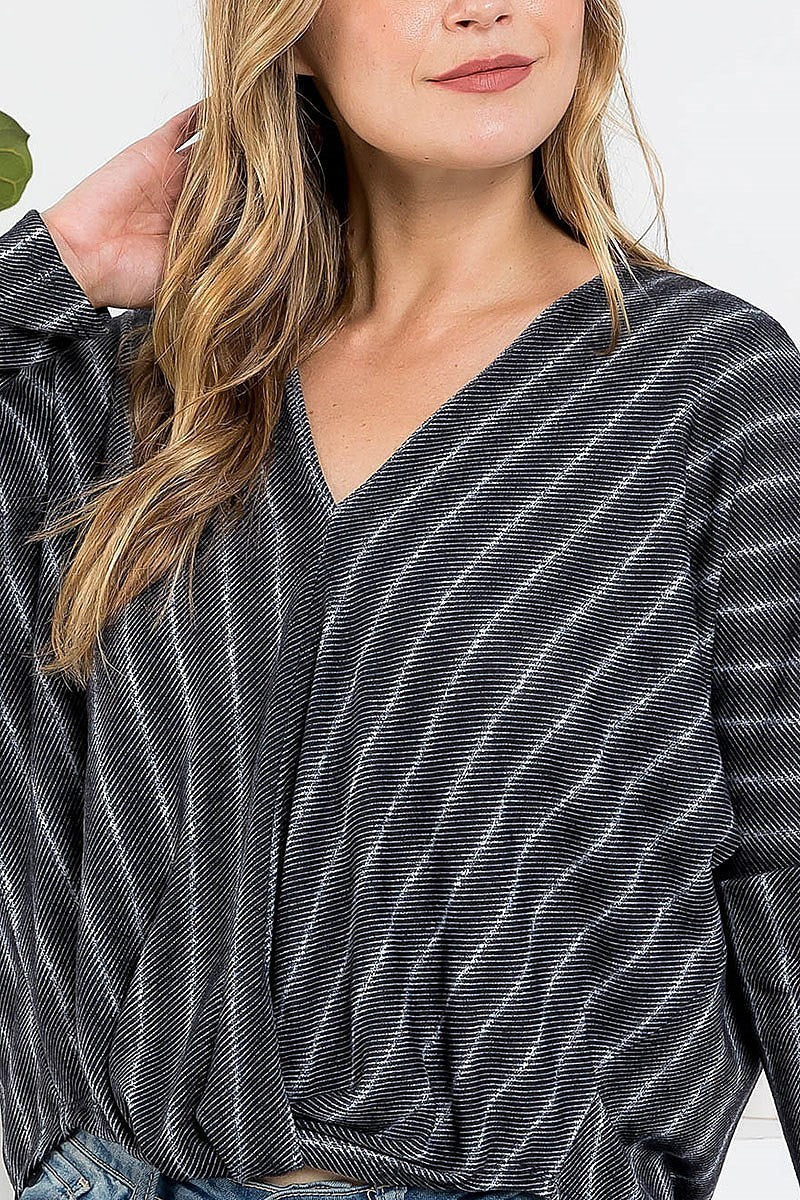 V neck twist hem stripe top (EF2212)