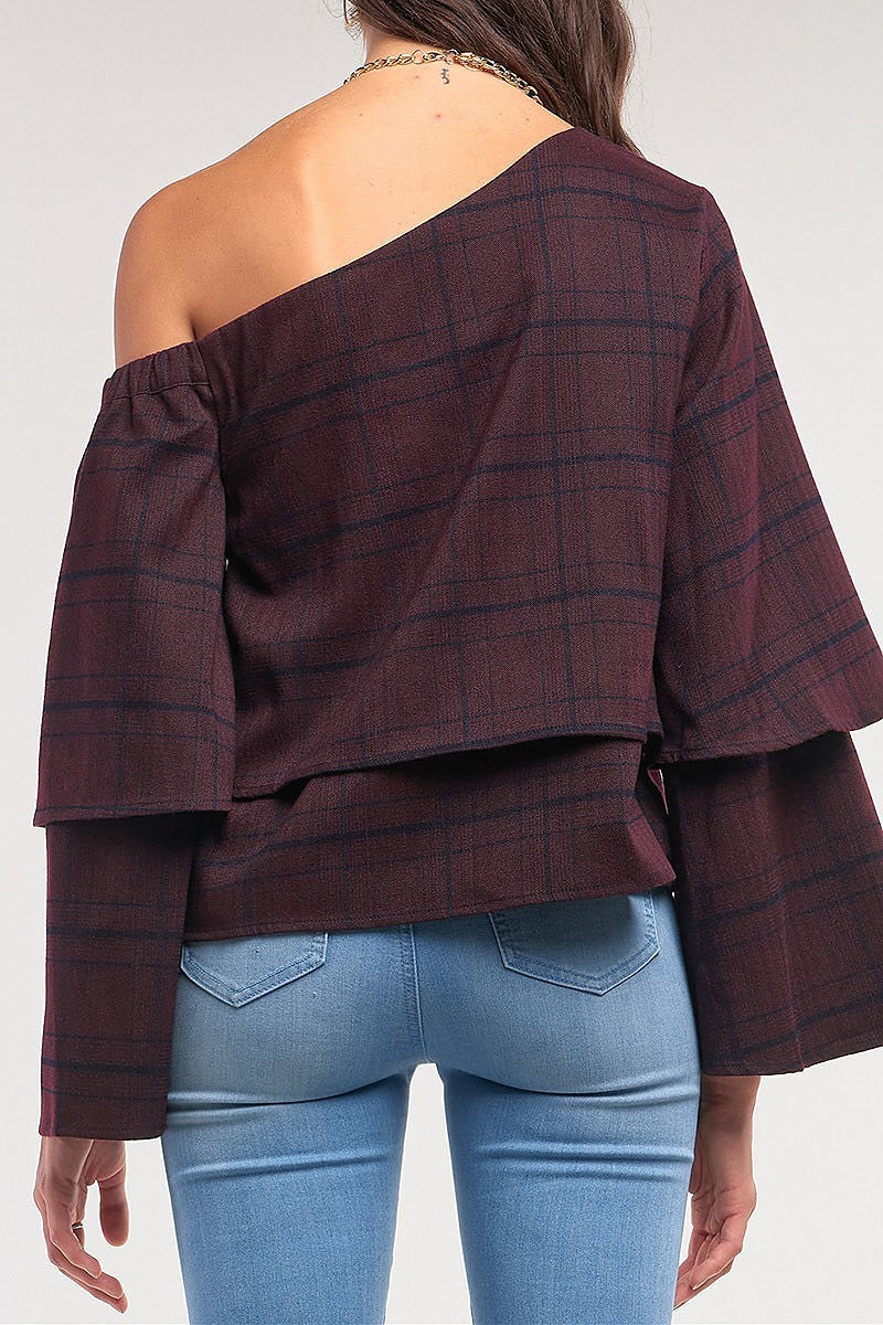 One shoulder bell sleeve plaid top (TDG7710)