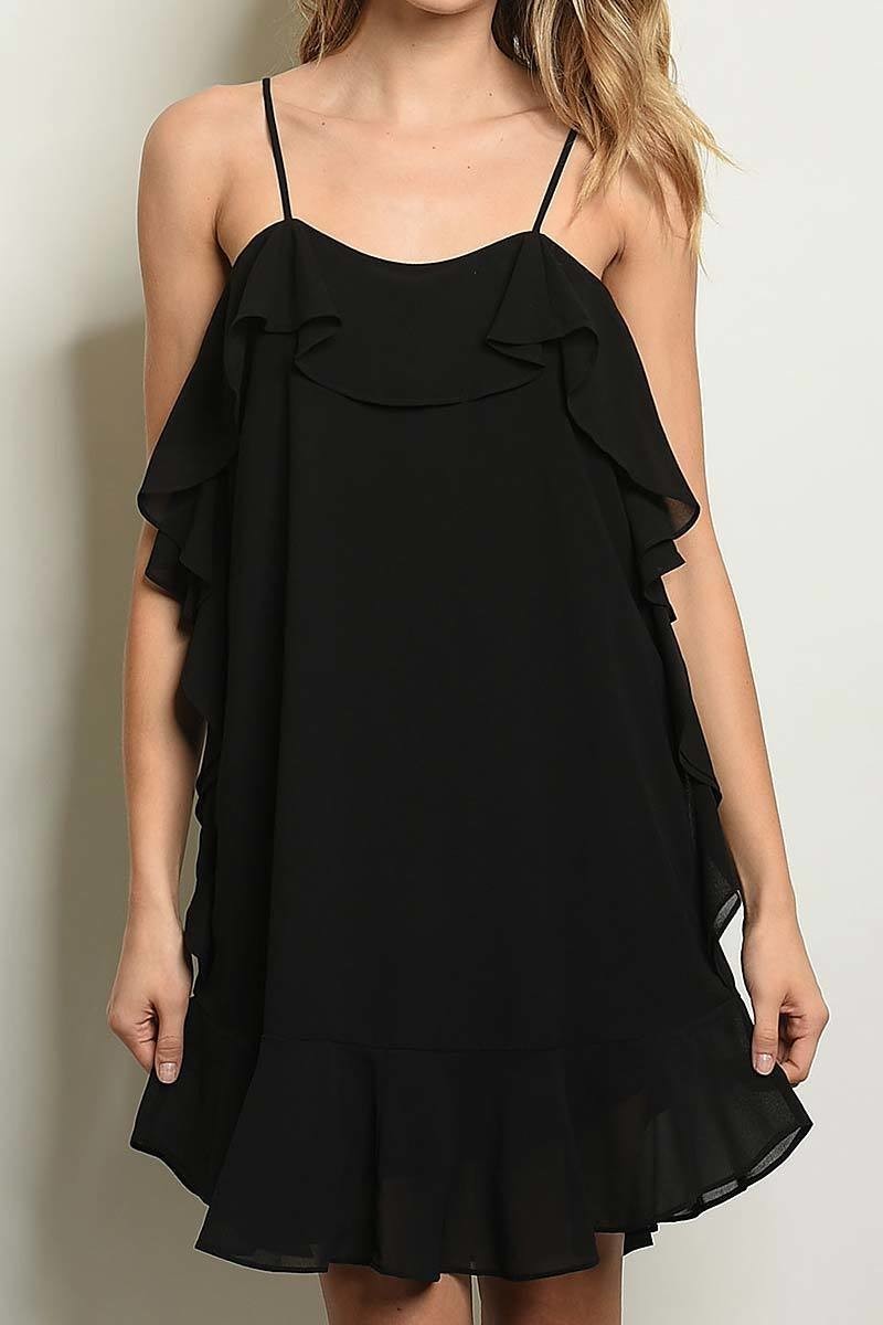 Spaghetti strap ruffle chiffon solid woven dress (DED1002-LAST)