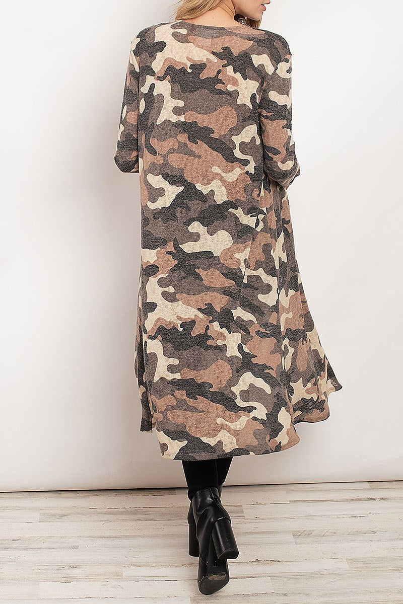 Camo print open front long kimono cardigan (ED7882-2)