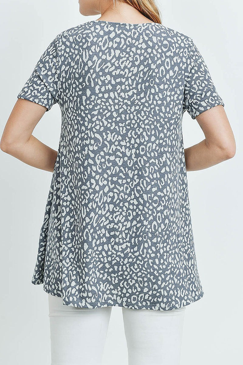 Short sleeved ruffle detail hem leopard tunic (ED9022-2)