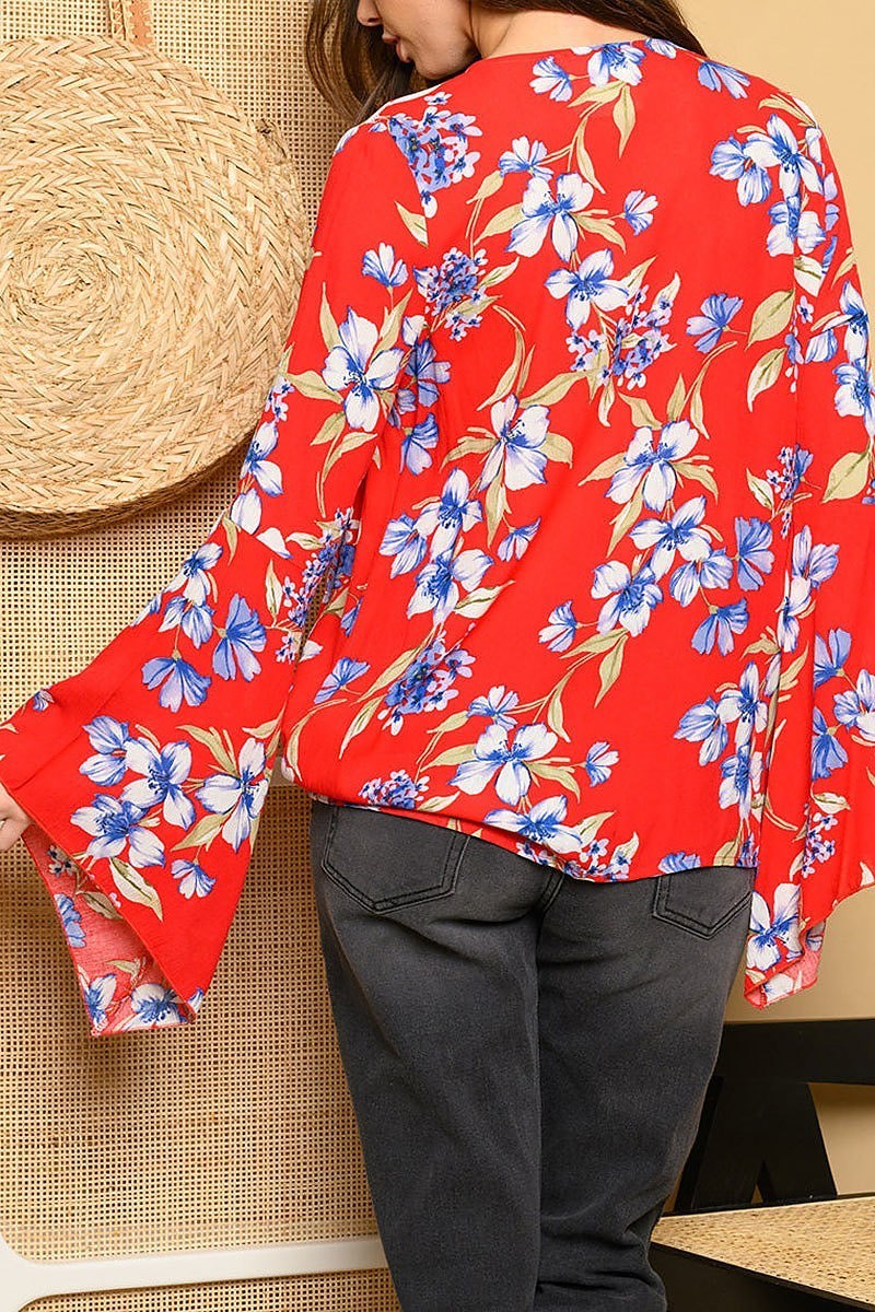 Surplice long bell sleeve floral top (EDWT4772)