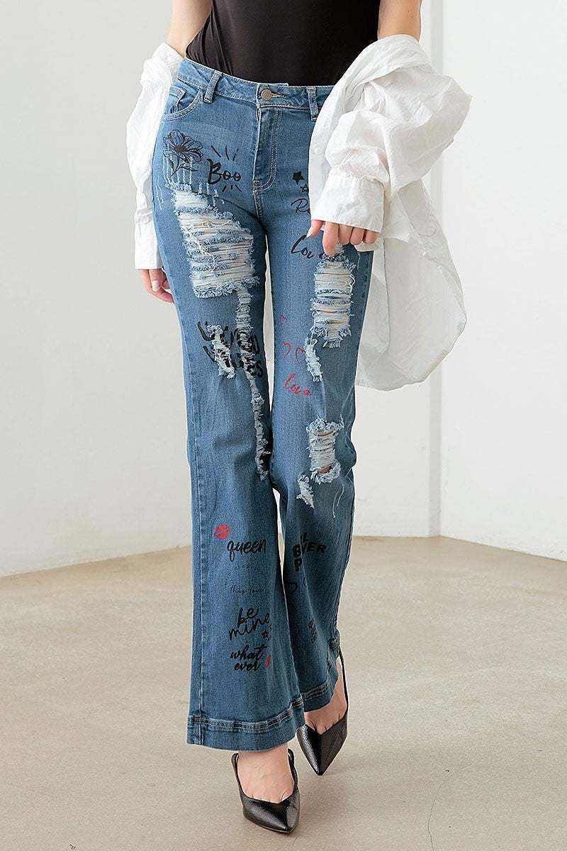 Mid waist slogan graphic print flare denim pants (TED2971)