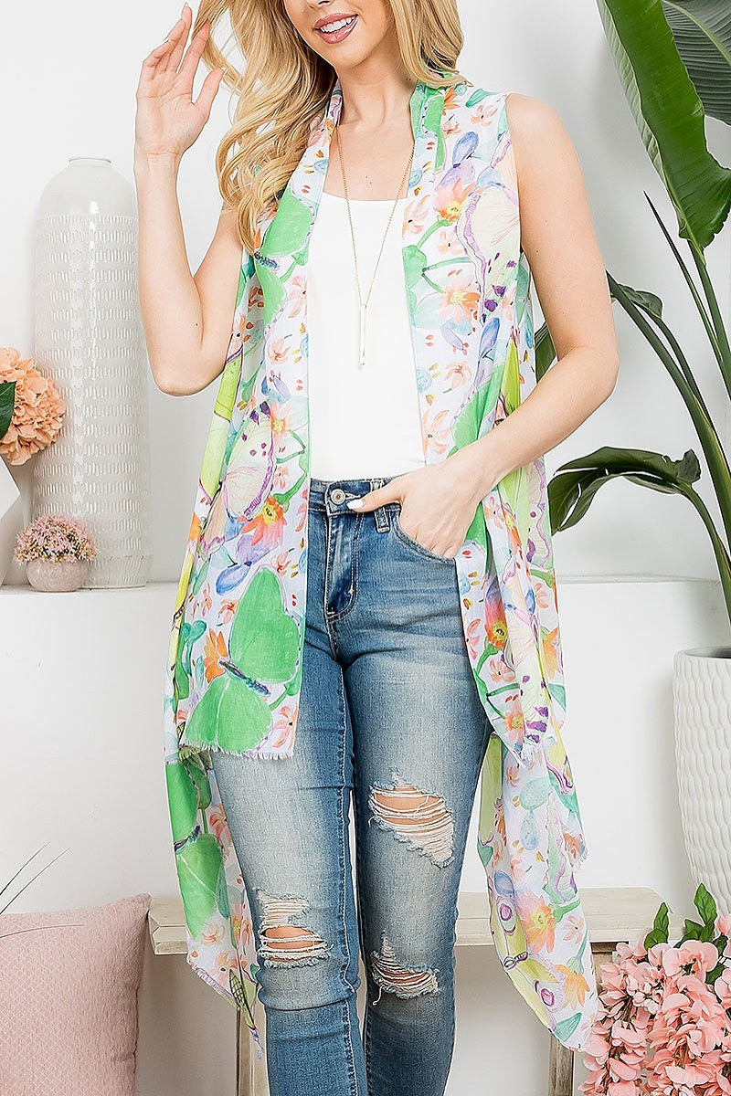 Tropical flower print open front kimono vest (EF5316)