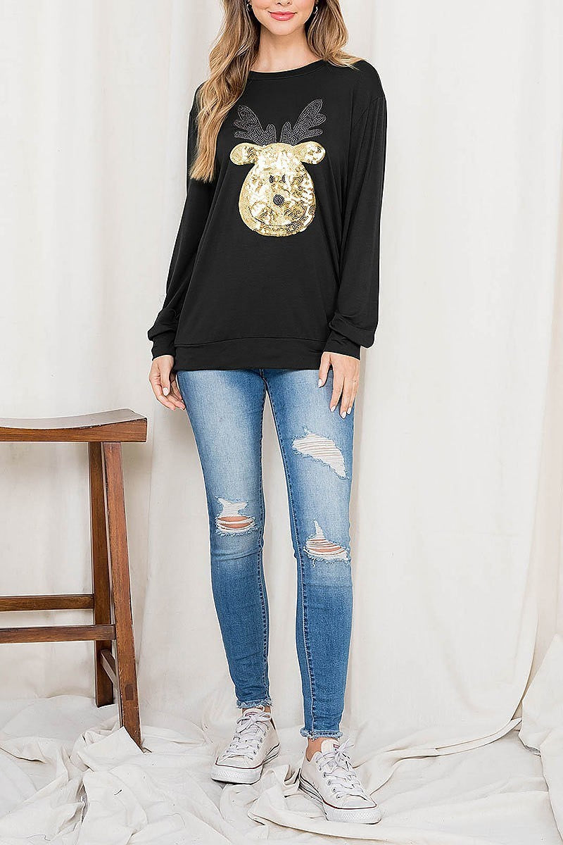 Sequin moose print long sleeve top (EF2700)