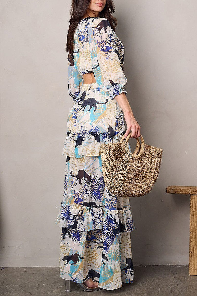 Quarter sleeves top and maxi skirt print sets (EFWT2070)